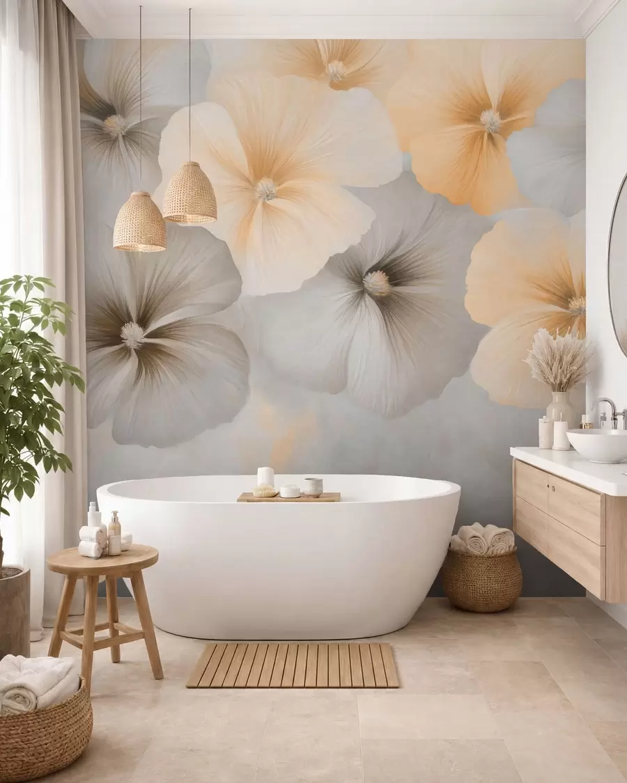 wall murals Soft pastel flowers with creamy yellow and gray tones on a delicate background w05600