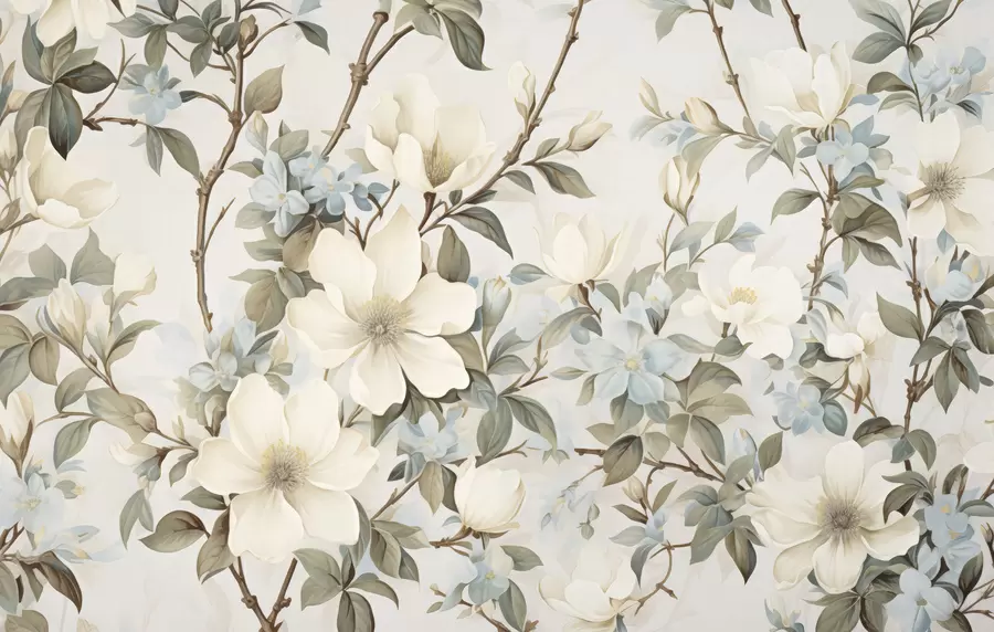 wall murals Delicate flowers and soft green leaves in a painterly vintage style with subtle brushstrokes w05601