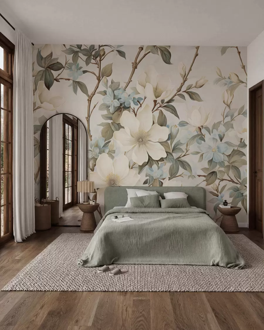 peintures murales Des fleurs délicates et des feuilles d'un vert tendre, dans un style vintage pictural aux touches subtiles w05601