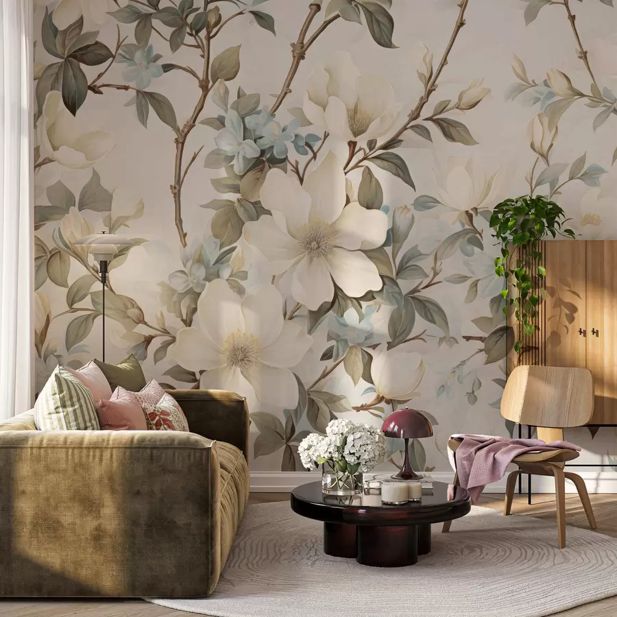 wall murals Delicate flowers and soft green leaves in a painterly vintage style with subtle brushstrokes w05601