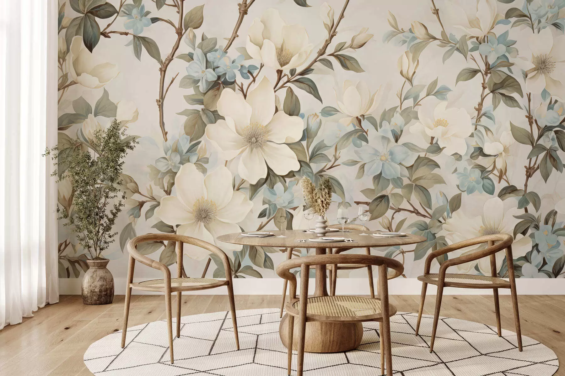 murales Delicadas flores y suaves hojas verdes en un estilo pictórico vintage con sutiles pinceladas w05601