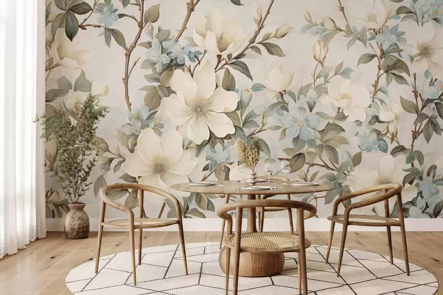 Wall Mural Photo Wallpaper Delicate flowers and soft green leaves in a painterly vintage style with subtle brushstrokes w05601