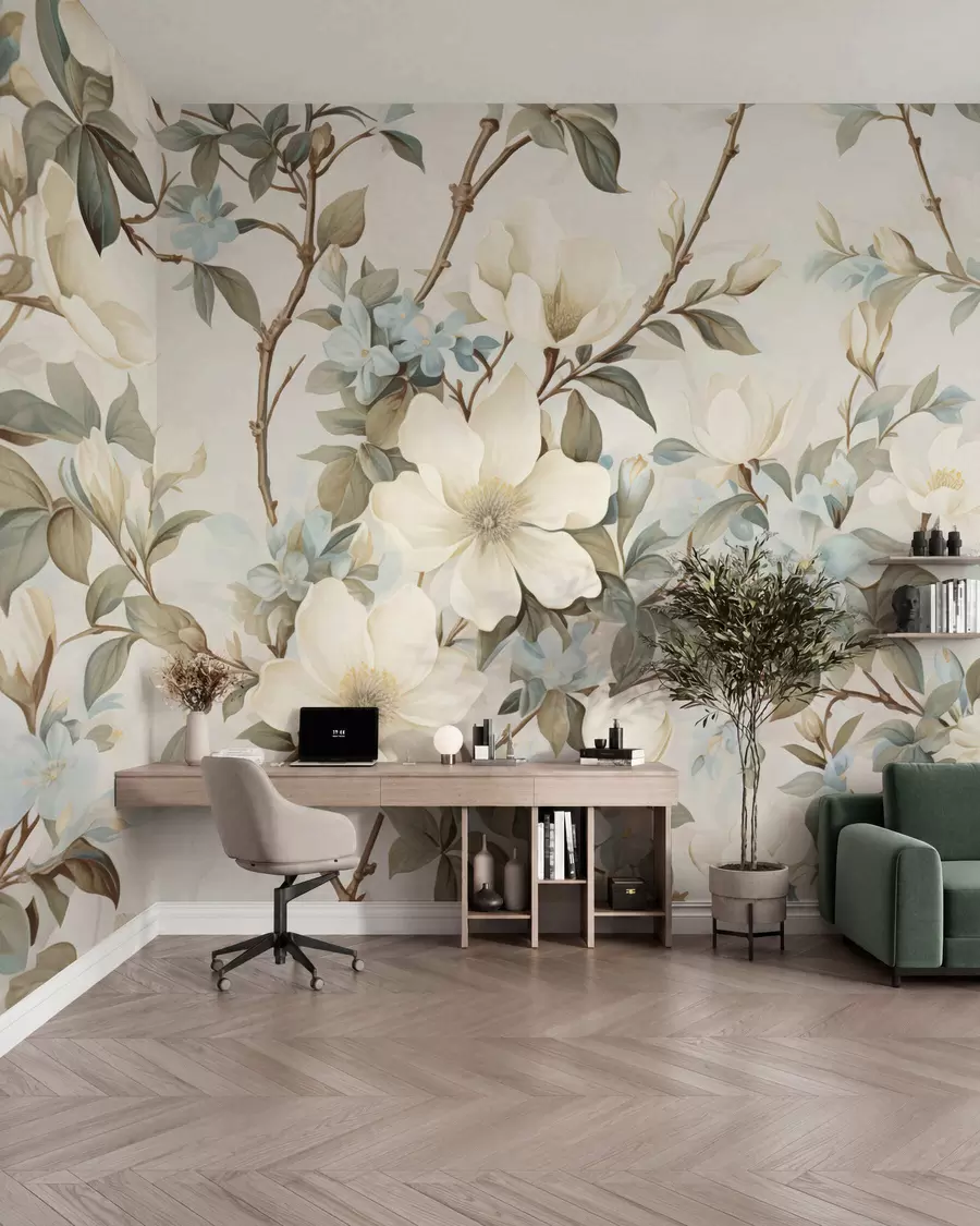 wall murals Delicate flowers and soft green leaves in a painterly vintage style with subtle brushstrokes w05601