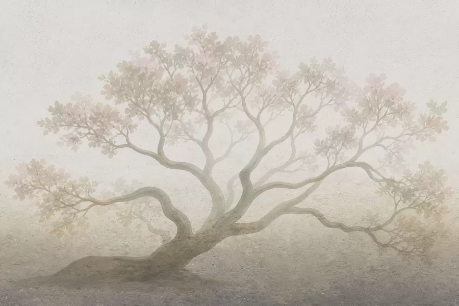 Wall Mural Photo Wallpaper Minimalist misty tree landscape in soft beige tones, dreamy atmospheric art w05602