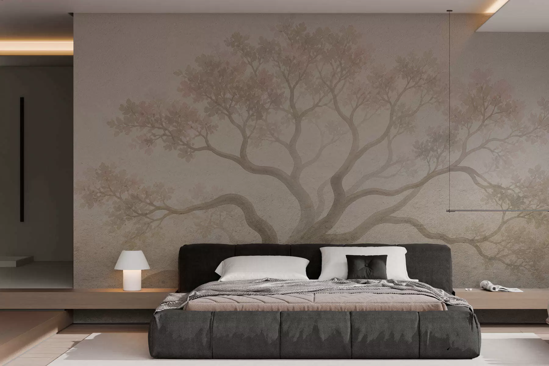 peintures murales Paysage minimaliste d'arbres brumeux dans des tons beiges doux, œuvre d'art à l'atmosphère onirique w05602