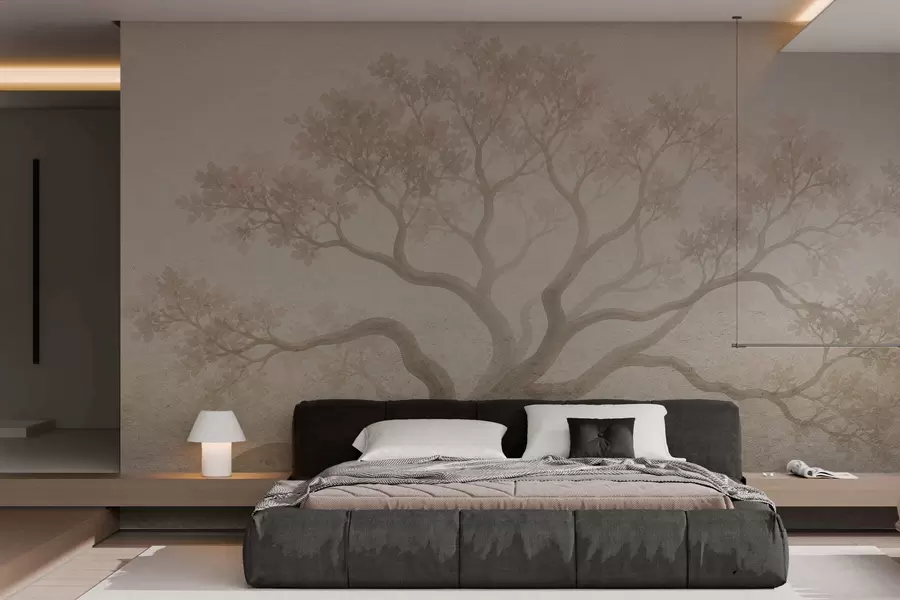 murales Paisaje minimalista de un árbol envuelto en niebla en suaves tonos beige; arte atmosférico y evocador w05602