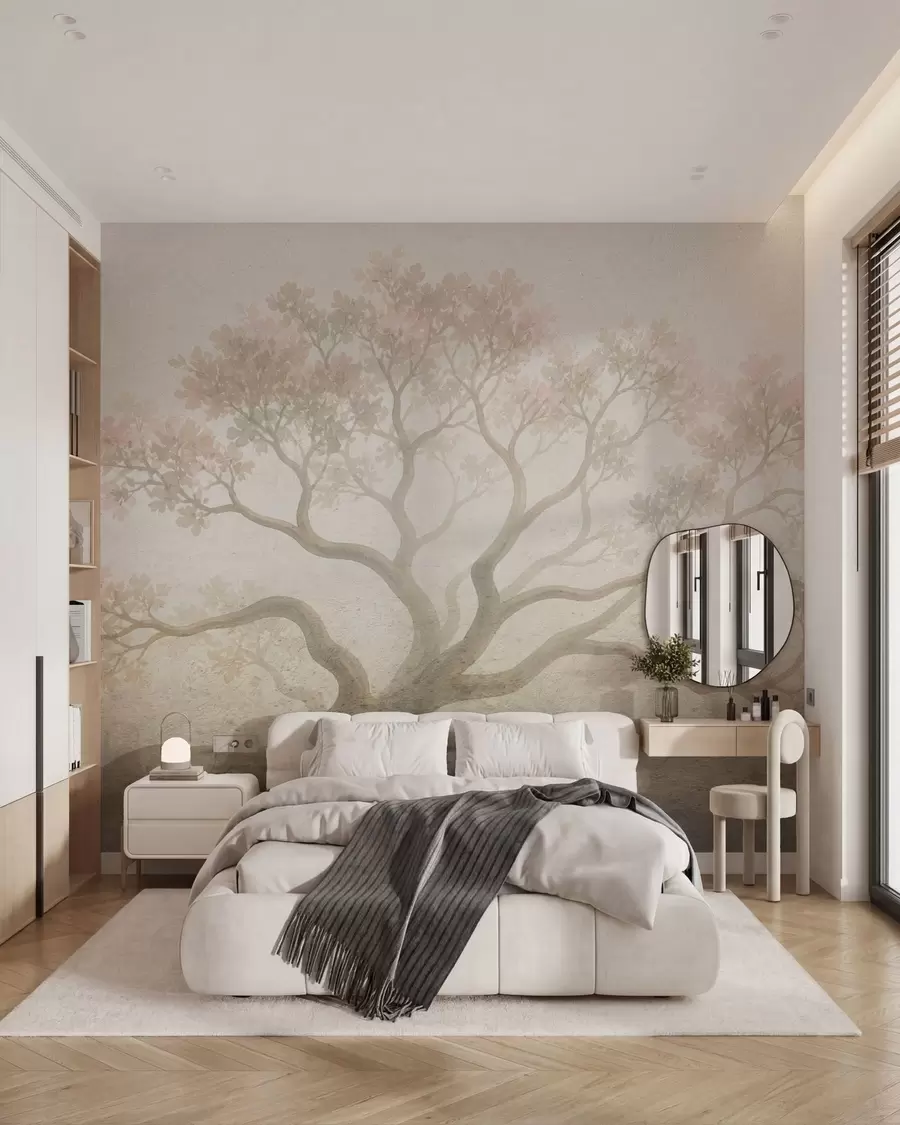 wall murals Minimalist misty tree landscape in soft beige tones, dreamy atmospheric art w05602