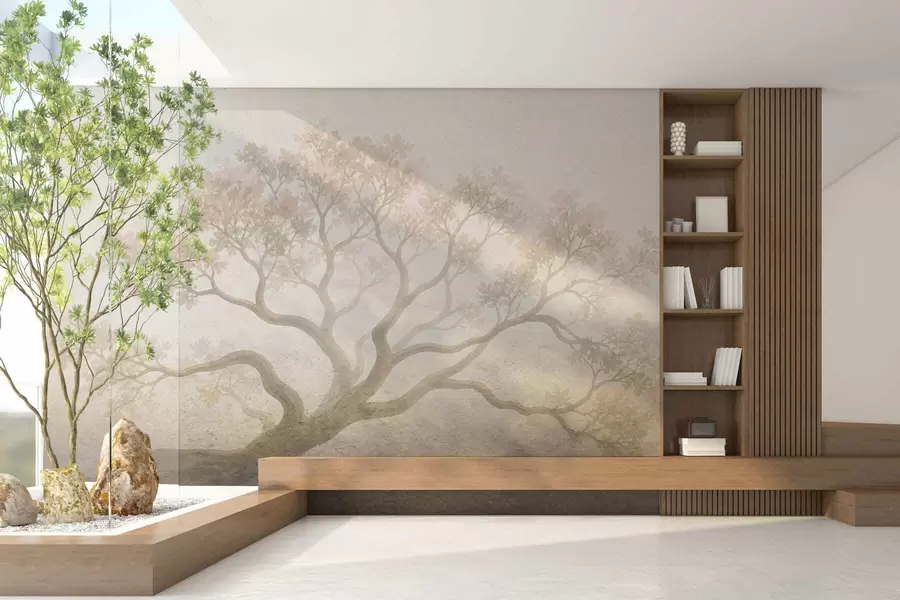 Wall Mural Photo Wallpaper Minimalist misty tree landscape in soft beige tones, dreamy atmospheric art w05602