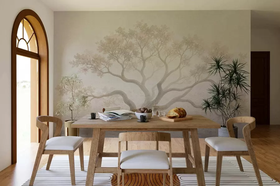 murales Paisaje minimalista de un árbol envuelto en niebla en suaves tonos beige; arte atmosférico y evocador w05602