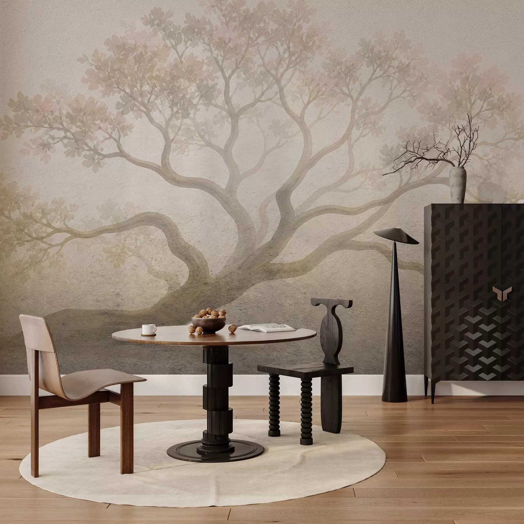 peintures murales Paysage minimaliste d'arbres brumeux dans des tons beiges doux, œuvre d'art à l'atmosphère onirique w05602