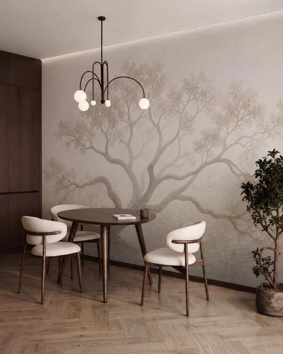 wall murals Minimalist misty tree landscape in soft beige tones, dreamy atmospheric art w05602