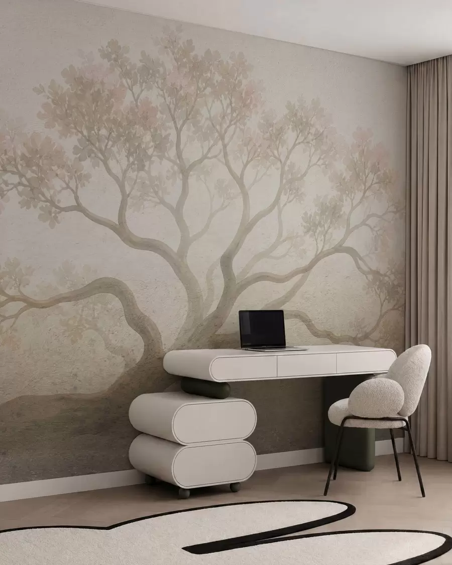 wall murals Minimalist misty tree landscape in soft beige tones, dreamy atmospheric art w05602
