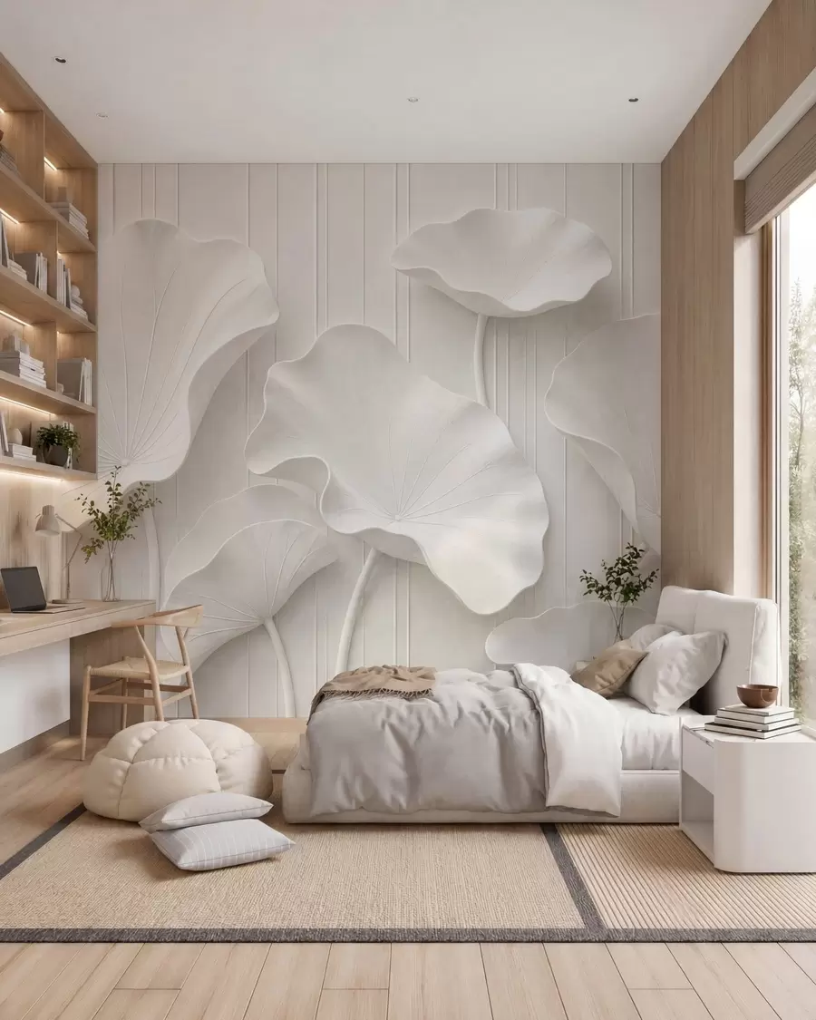 peintures murales Relief floral sculptural blanc aux pétales superposés, une décoration murale 3D élégante w05604