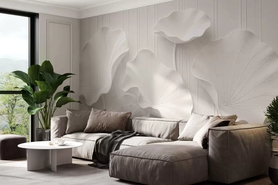 Wall Mural Photo Wallpaper White sculptural floral relief with layered petals, elegant 3D wall art w05604