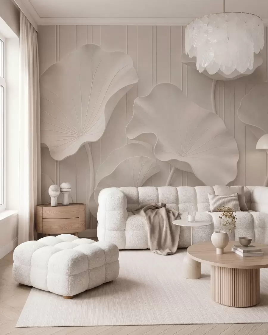 Wall Mural Photo Wallpaper White sculptural floral relief with layered petals, elegant 3D wall art w05604