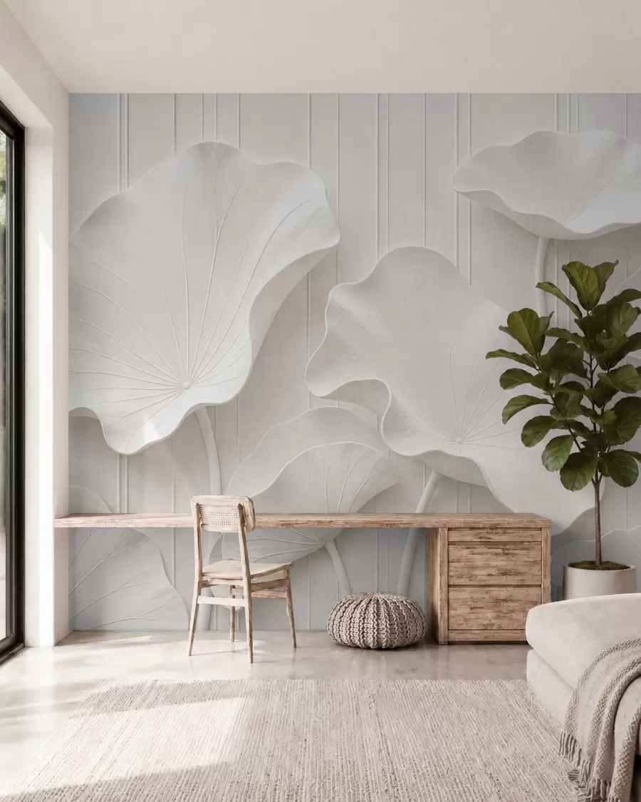 wall murals White sculptural floral relief with layered petals, elegant 3D wall art w05604
