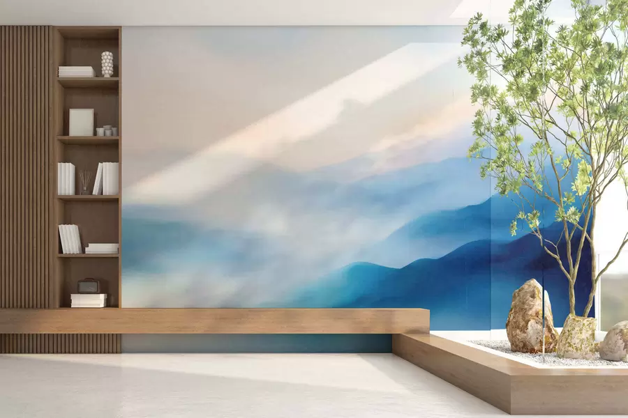 murais de parede Montanhas pintadas em aquarela num azul suave, com degradés etéreos e uma profundidade atmosférica w05605