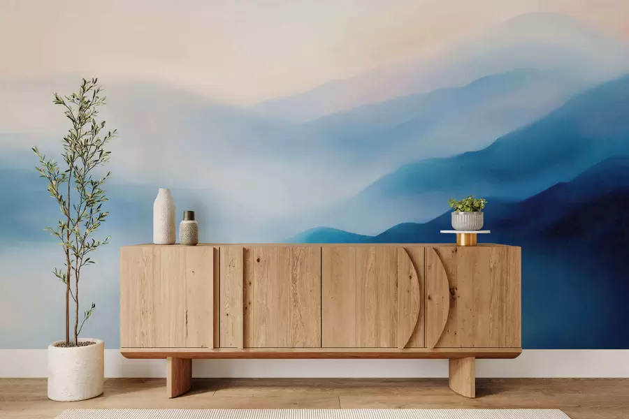peintures murales Des montagnes aux couleurs aquarellées dans des tons bleus doux, avec des dégradés oniriques et une profondeur évocatrice w05605