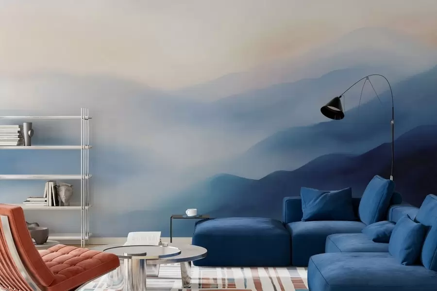 wall murals Soft blue watercolor mountains with dreamy gradients and atmospheric depth w05605