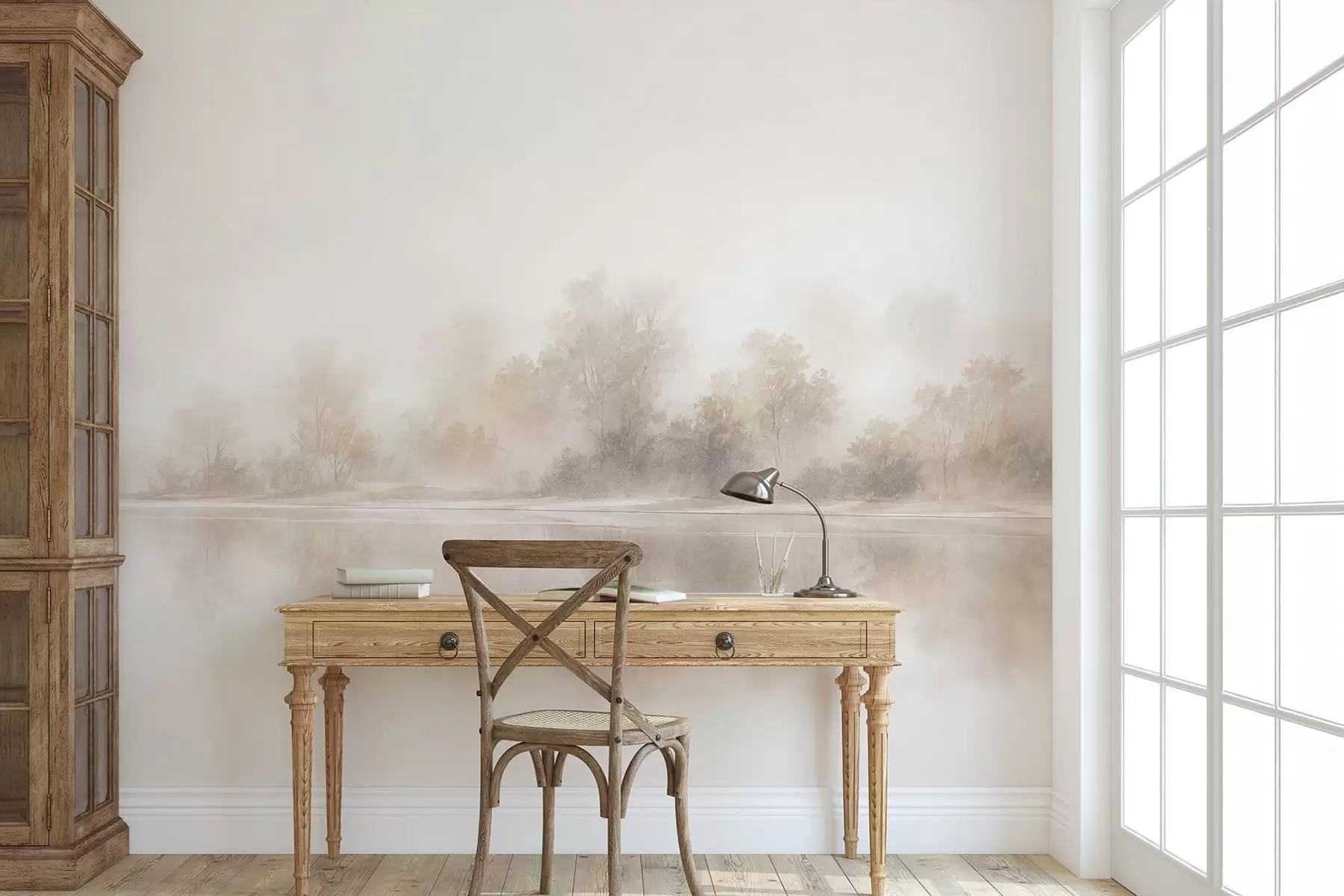 wall murals Minimalist foggy landscape with delicate reflections in warm neutral tones w05606