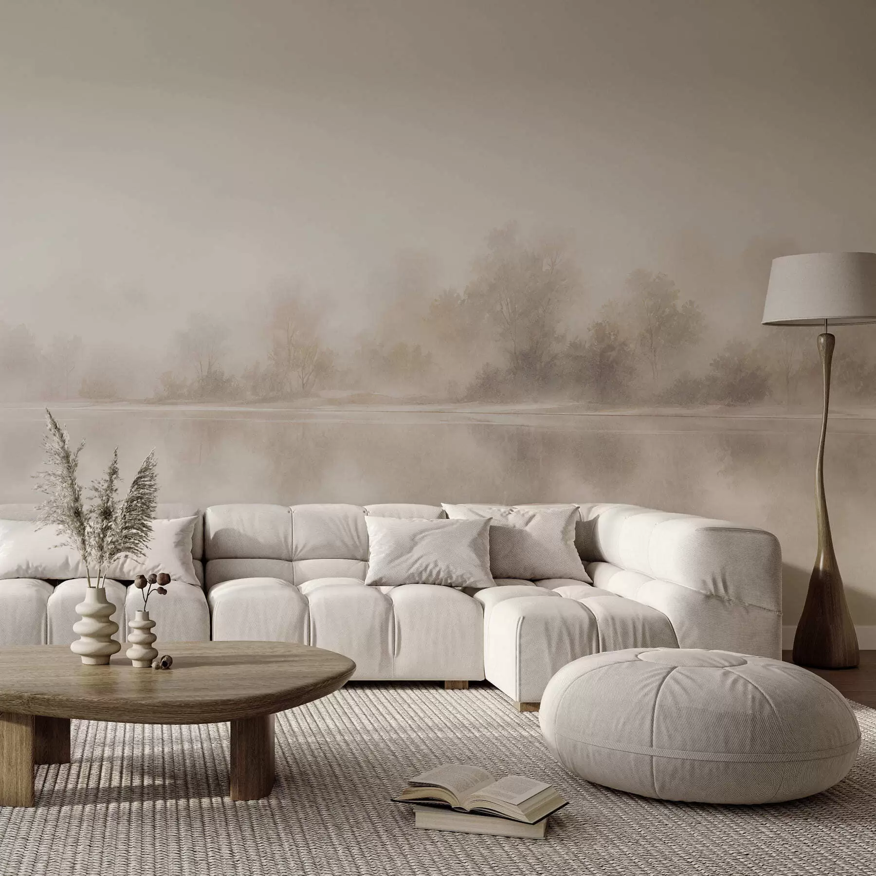Wall Mural Photo Wallpaper Minimalist foggy landscape with delicate reflections in warm neutral tones w05606