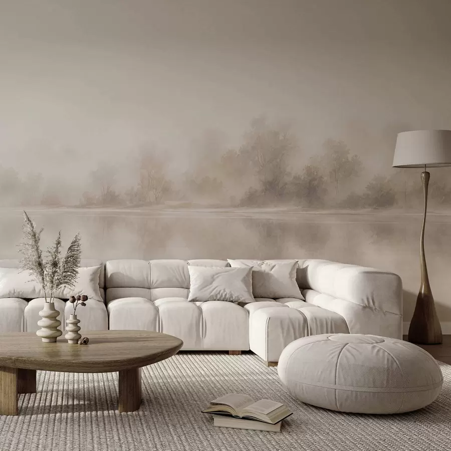 Wall Mural Photo Wallpaper Minimalist foggy landscape with delicate reflections in warm neutral tones w05606