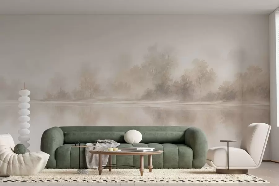 Wall Mural Photo Wallpaper Minimalist foggy landscape with delicate reflections in warm neutral tones w05606