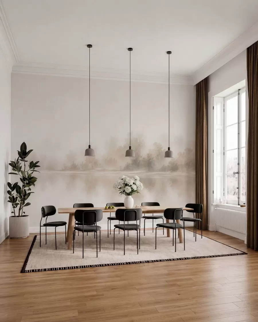 wall murals Minimalist foggy landscape with delicate reflections in warm neutral tones w05606