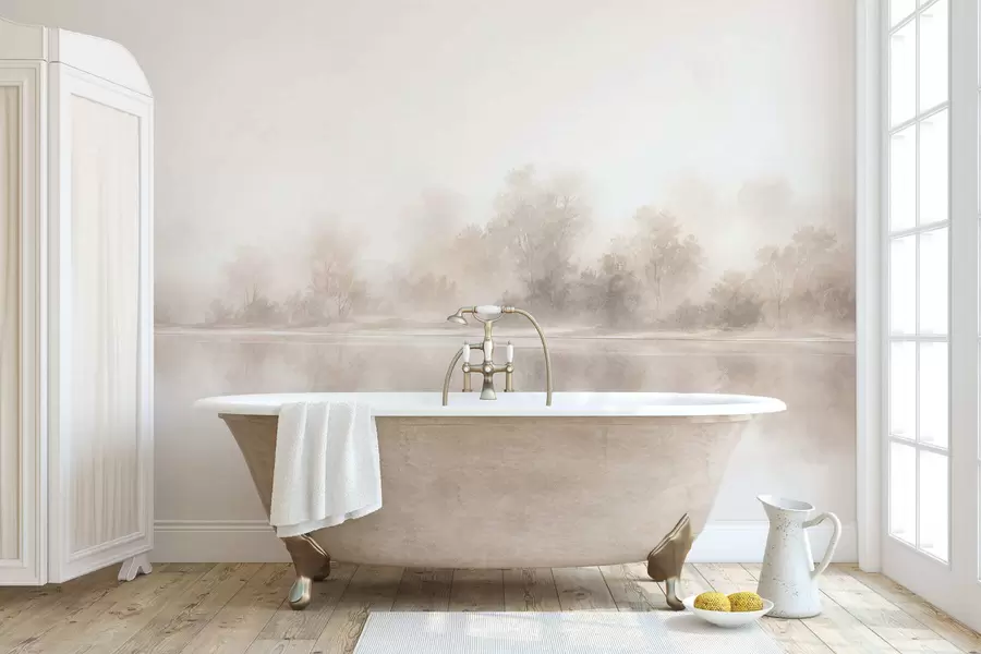 Wall Mural Photo Wallpaper Minimalist foggy landscape with delicate reflections in warm neutral tones w05606