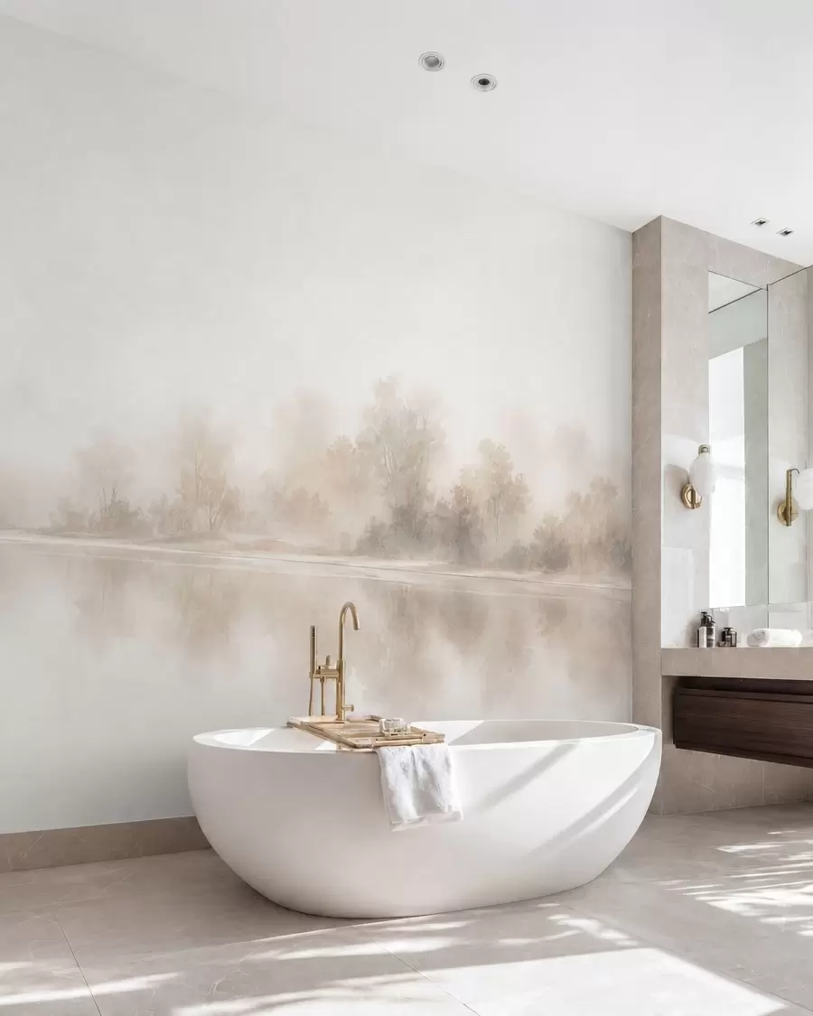 wall murals Minimalist foggy landscape with delicate reflections in warm neutral tones w05606