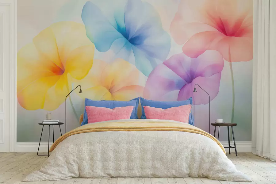 Wall Mural Photo Wallpaper Colorful translucent flowers in soft pastel shades with a dreamy watercolor effect w05607
