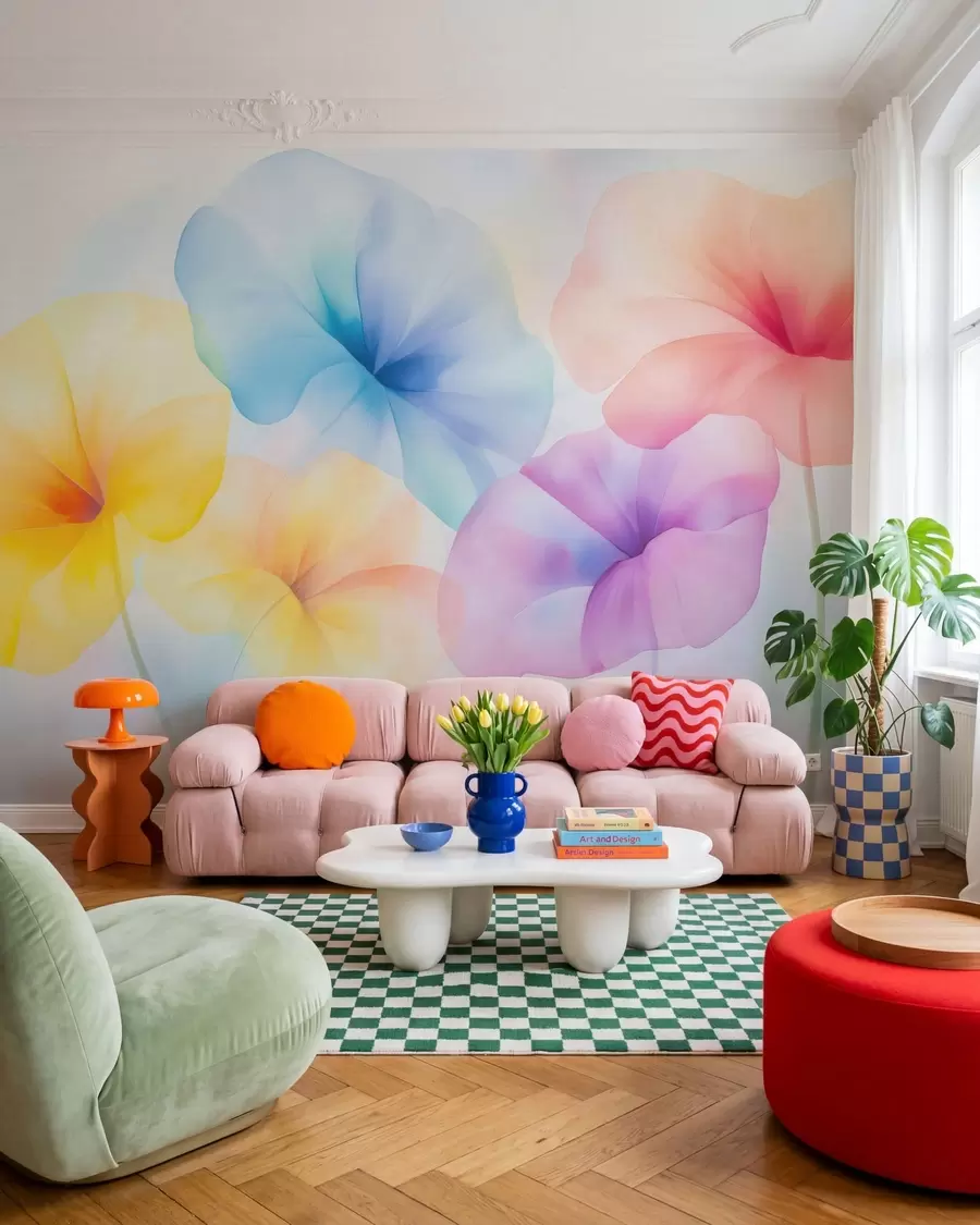 Wall Mural Photo Wallpaper Colorful translucent flowers in soft pastel shades with a dreamy watercolor effect w05607