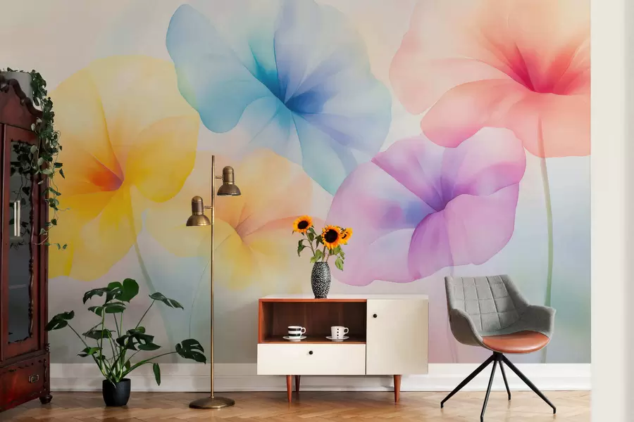 murais de parede Flores coloridas e translúcidas em tons suaves de pastel, com um efeito de aguarela de sonho w05607
