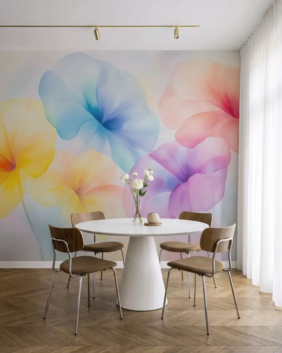 wall murals Colorful translucent flowers in soft pastel shades with a dreamy watercolor effect w05607