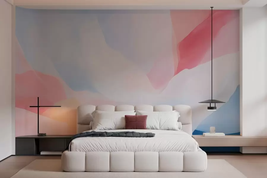 murais de parede Ondas abstratas em tons pastel com suaves gradientes de rosa e azul, em estilo aquarela w05609