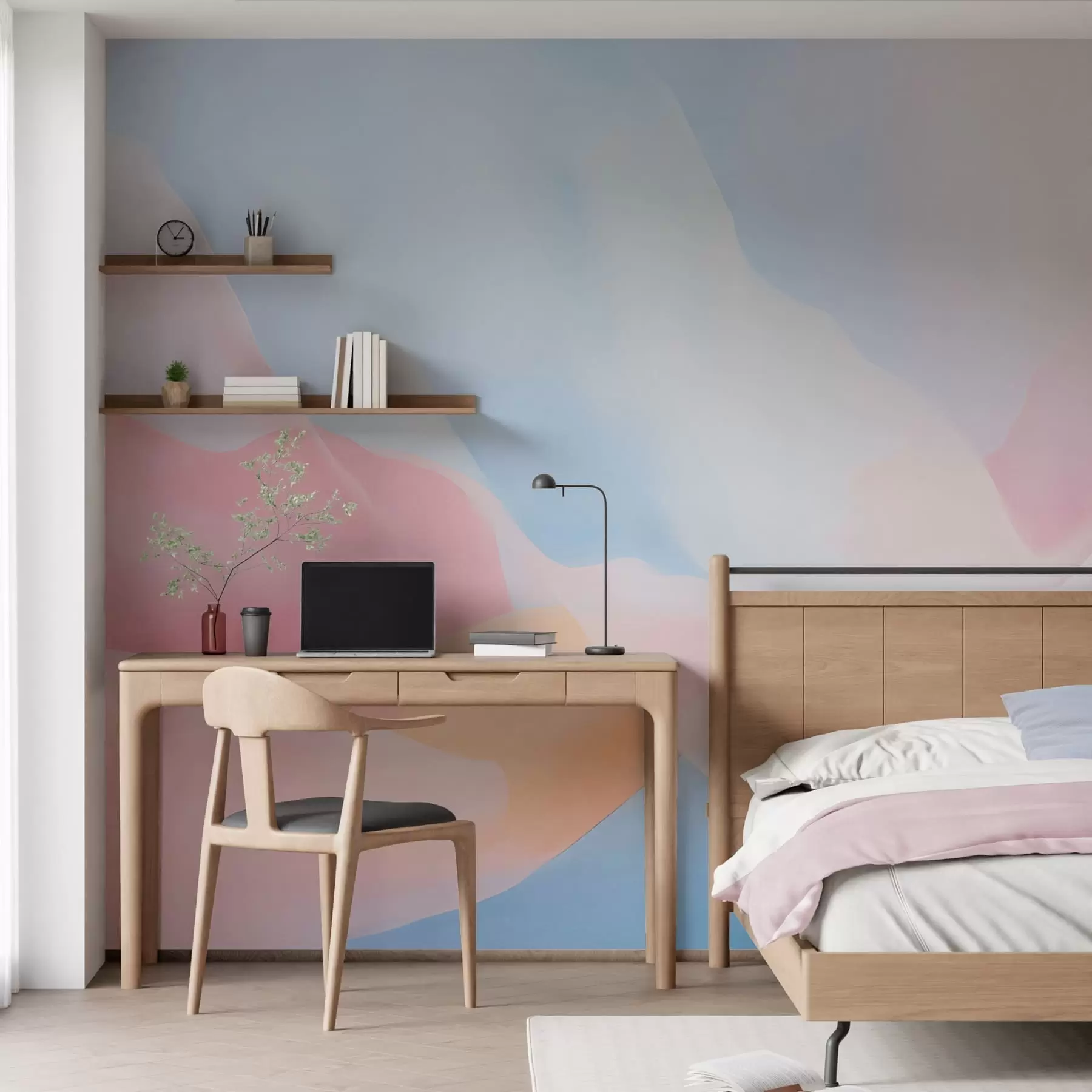 Wall Mural Photo Wallpaper Abstract pastel waves with soft pink and blue gradients in watercolor style w05609