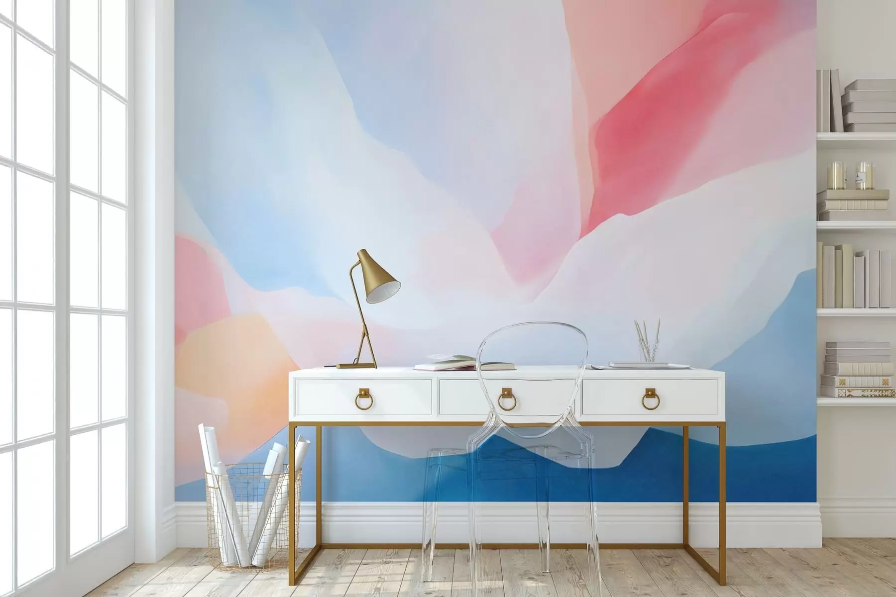 murais de parede Ondas abstratas em tons pastel com suaves gradientes de rosa e azul, em estilo aquarela w05609
