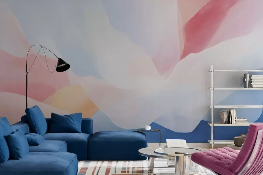 Wall Mural Photo Wallpaper Abstract pastel waves with soft pink and blue gradients in watercolor style w05609