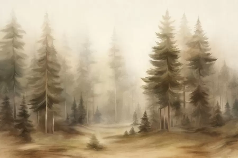 murales Un bosque frondoso con altos pinos envueltos en una ligera niebla; obra de arte paisajística con textura w09830