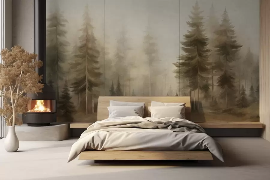 murales Un bosque frondoso con altos pinos envueltos en una ligera niebla; obra de arte paisajística con textura w09830