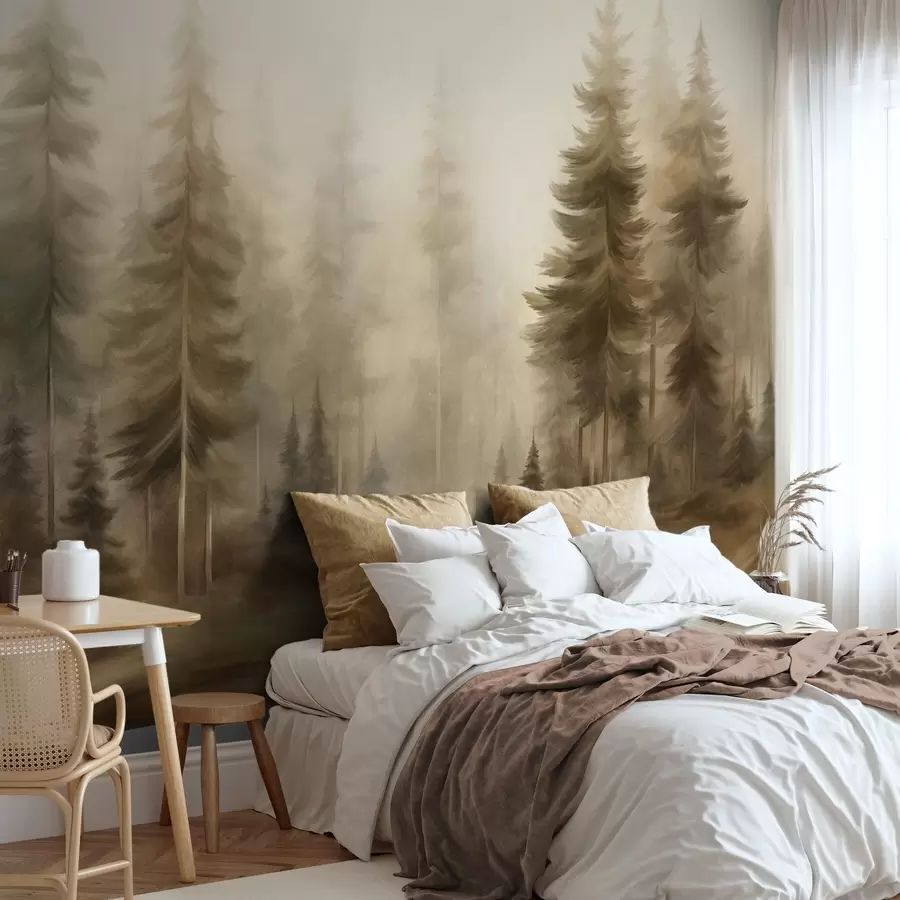 wall murals A dense forest with tall pine trees in a light fog, textured landscape art w09830