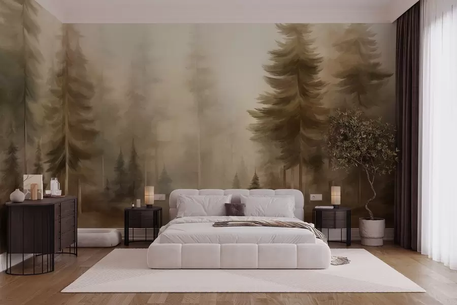 murais de parede Uma floresta densa com pinheiros altos envolta num nevoeiro leve, uma obra de arte paisagística com textura w09830