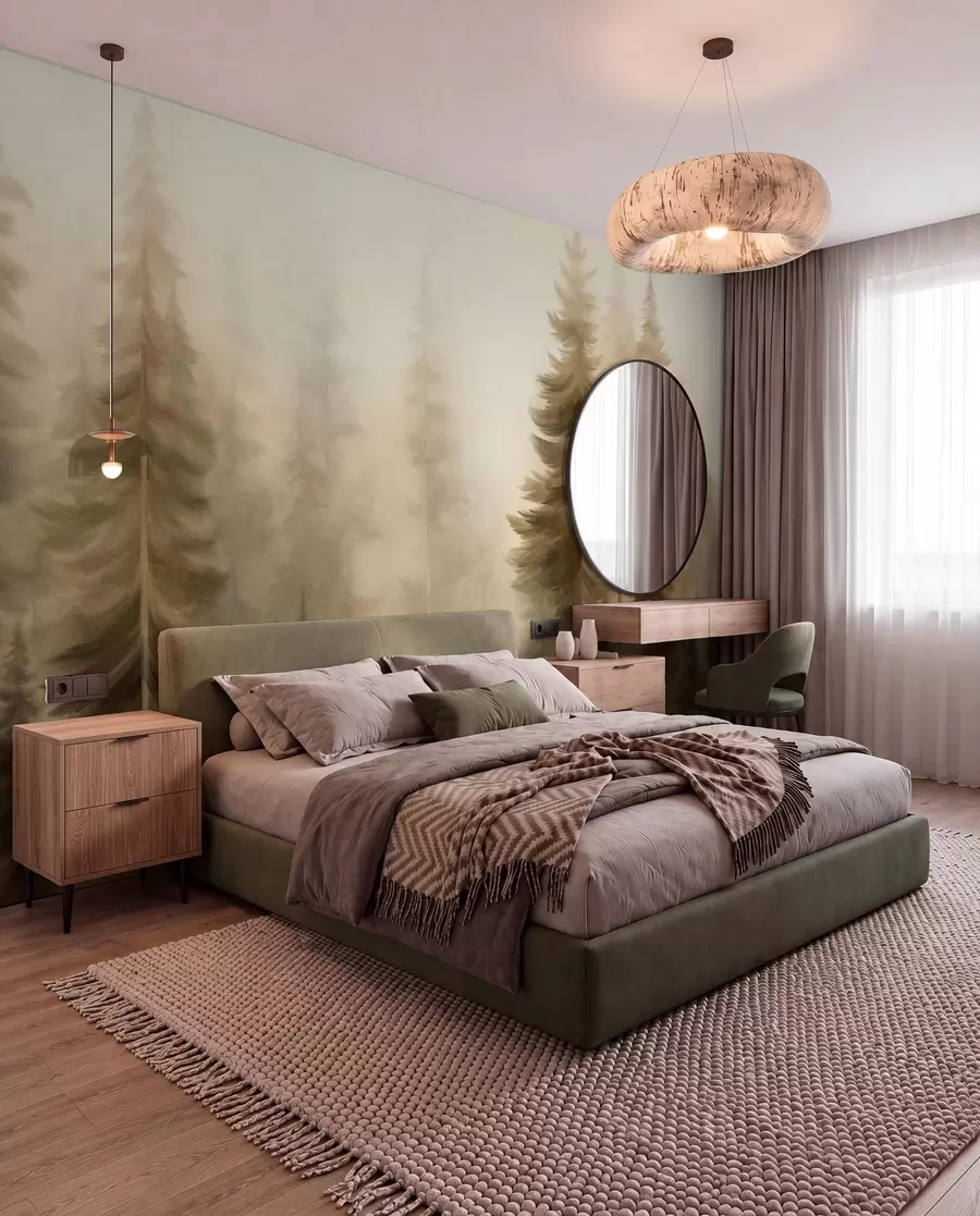 Wall Mural Photo Wallpaper A dense forest with tall pine trees in a light fog, textured landscape art w09830