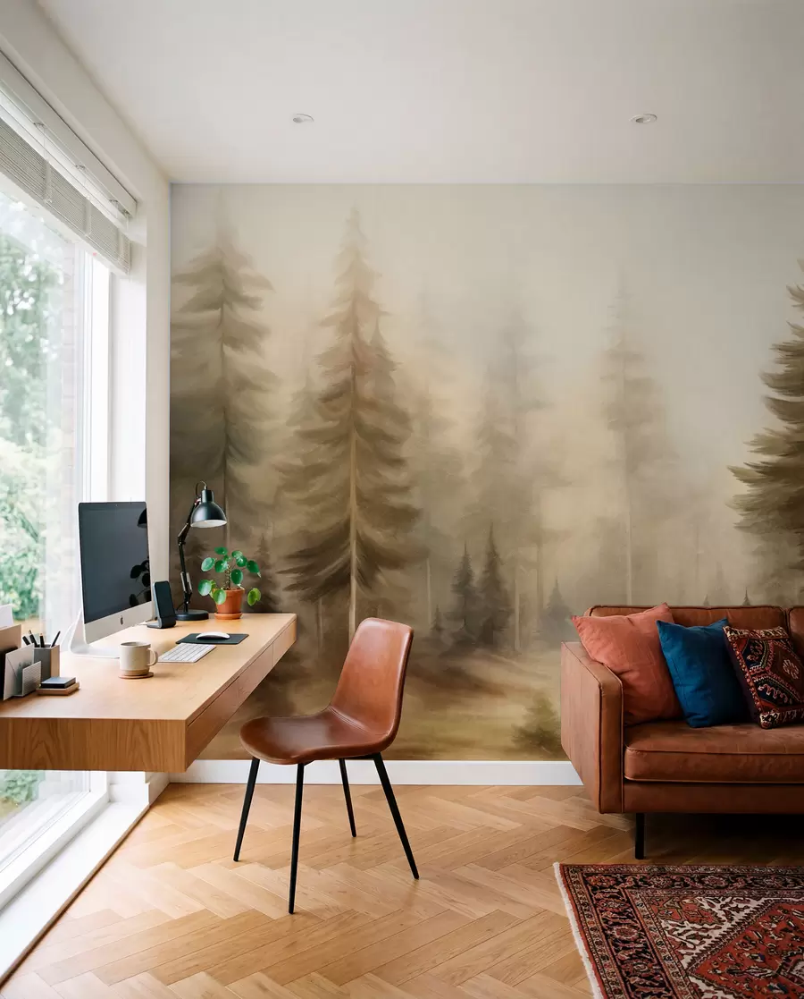 Wall Mural Photo Wallpaper A dense forest with tall pine trees in a light fog, textured landscape art w09830