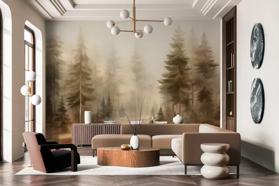 murales Un bosque frondoso con altos pinos envueltos en una ligera niebla; obra de arte paisajística con textura w09830