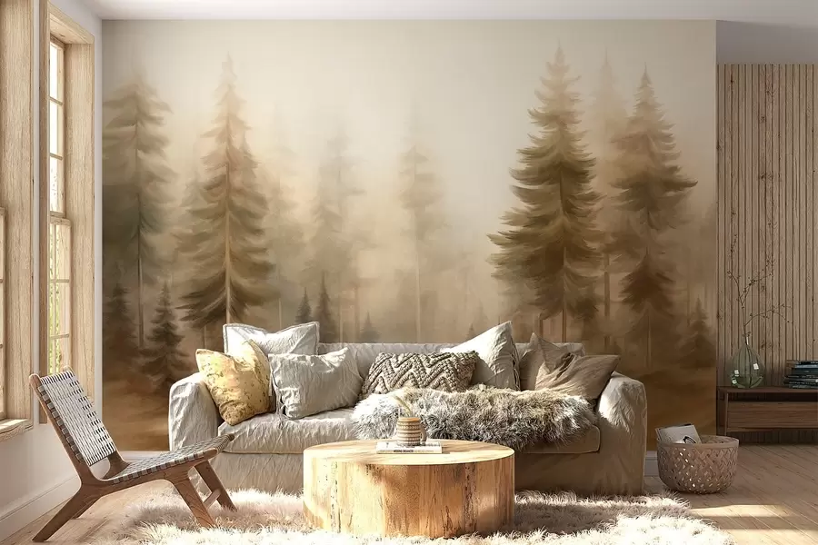 murais de parede Uma floresta densa com pinheiros altos envolta num nevoeiro leve, uma obra de arte paisagística com textura w09830