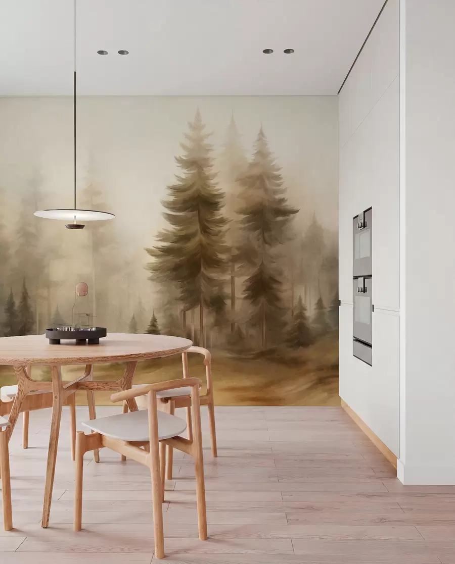 wall murals A dense forest with tall pine trees in a light fog, textured landscape art w09830