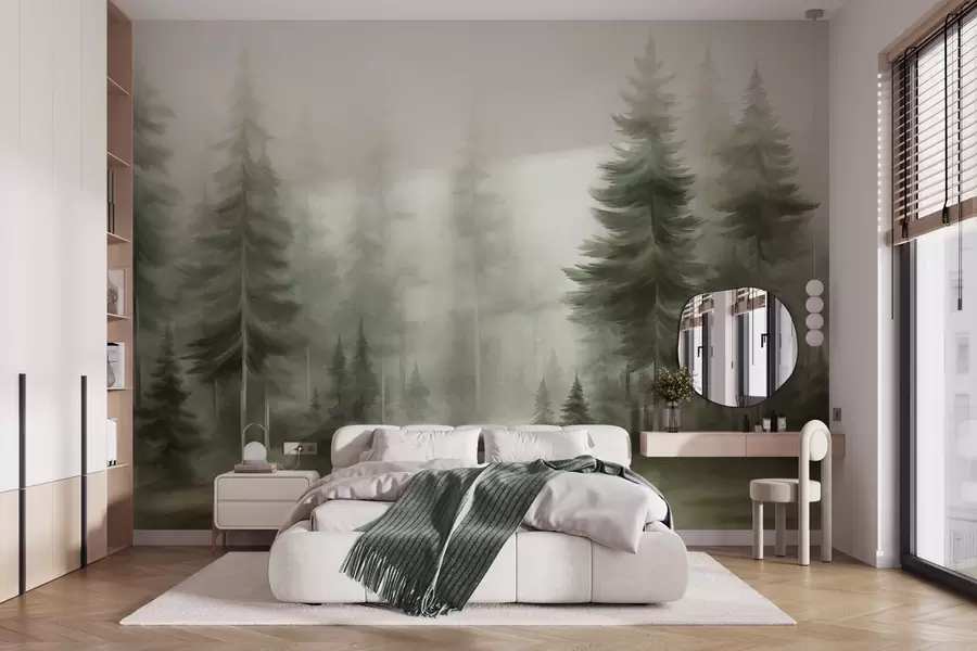 murales Un bosque frondoso con altos pinos envueltos en una ligera niebla; obra de arte paisajística con textura w09830v1