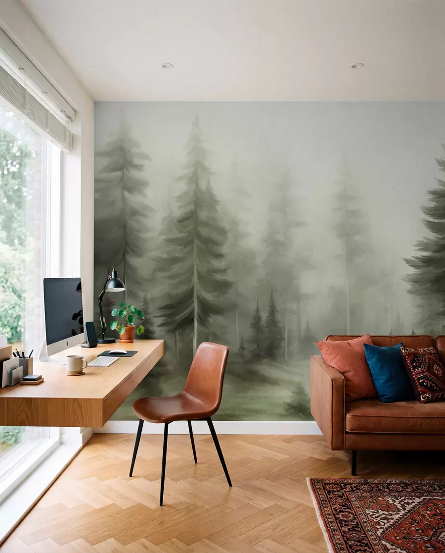 peintures murales Une forêt dense peuplée de grands pins dans une légère brume, une œuvre d'art paysager aux textures riches w09830v1