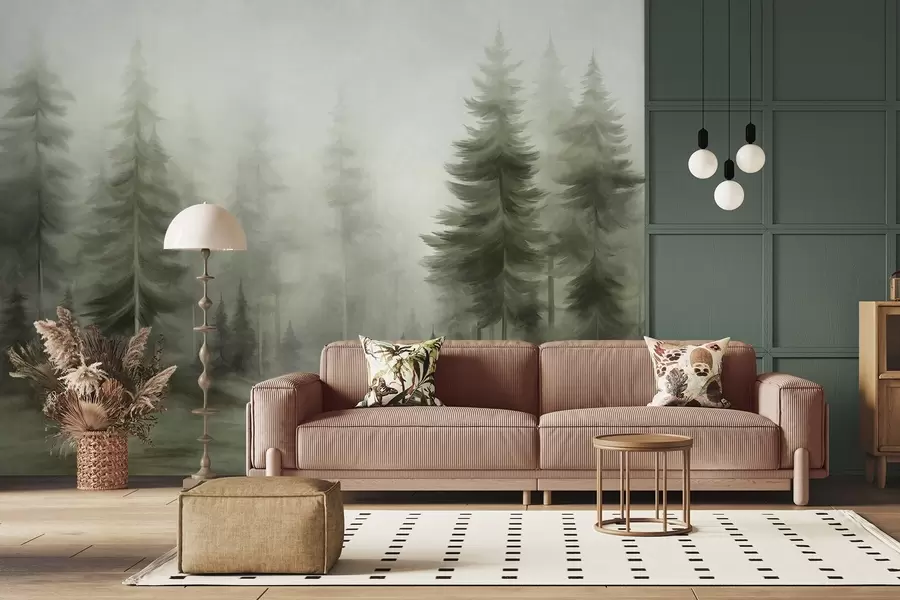 peintures murales Une forêt dense peuplée de grands pins dans une légère brume, une œuvre d'art paysager aux textures riches w09830v1
